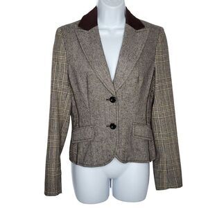 Vtg Y2K Esprit Wool Riding Blazer Coat 4 Single Breasted Plaid Herringbone Brown